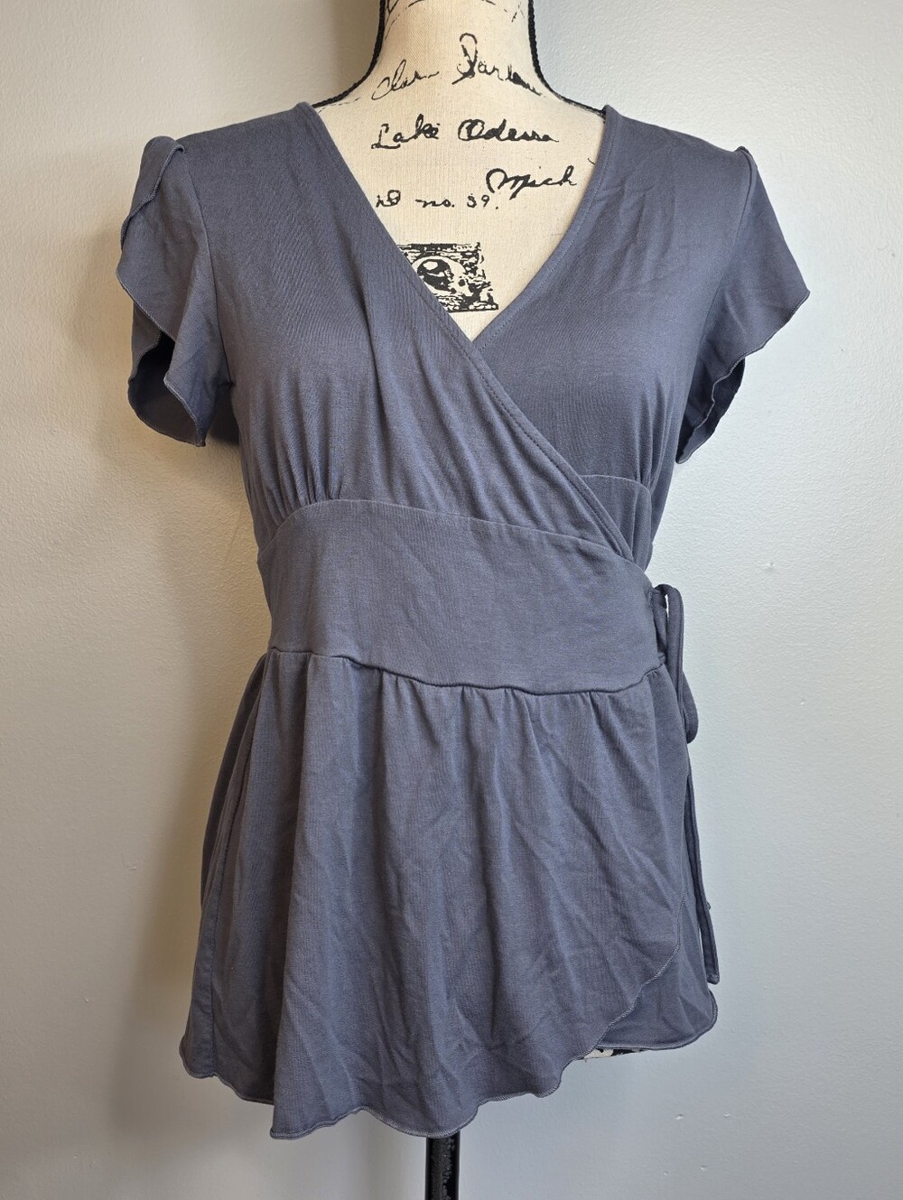 Y2k Old Navy Gray Wrap-Front Short Sleeve Babydoll Tunic Sz M